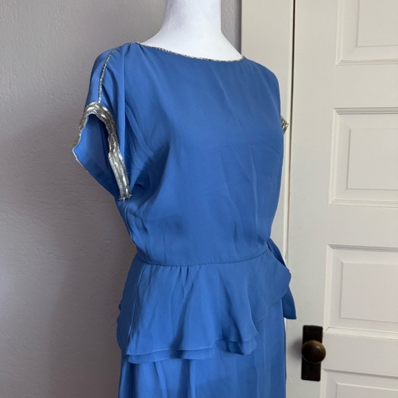 Vintage Norman Berg Blue Peplum Dress w/ Hand Beaded Trim - Picture 10 of 15